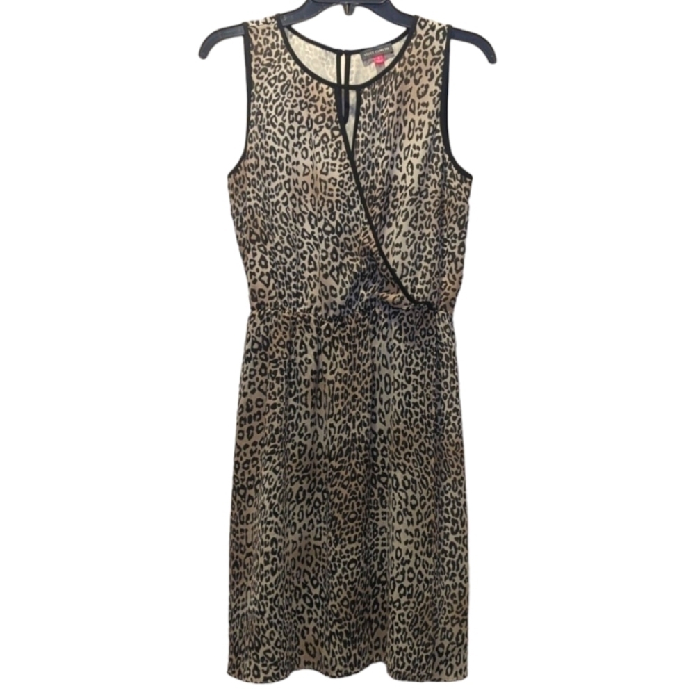 Vince Camuto Sleeveless Leopard Print Draped Chest Faux Wrap Midi Dress Size 4